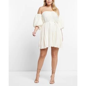 Pleated Belted Off The Shoulder Trapeze Dress